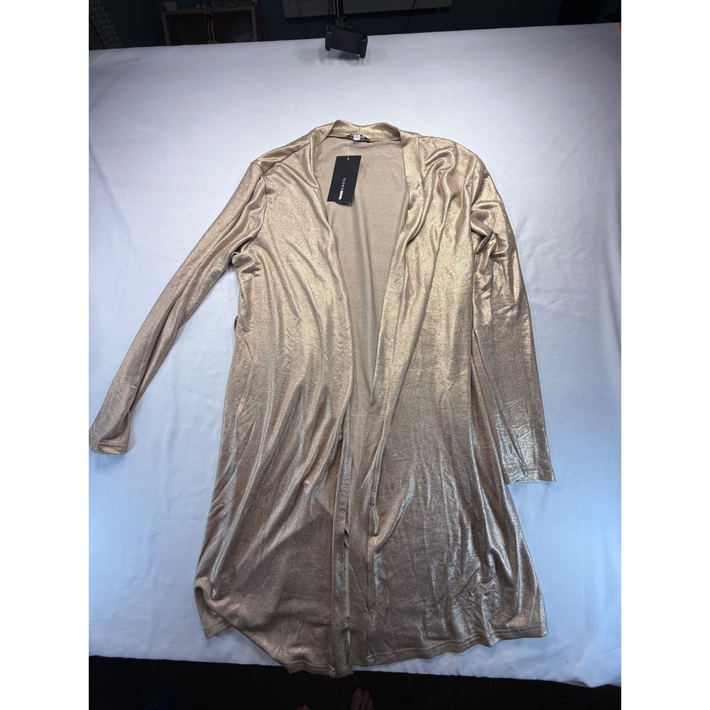 Fashion Nova Women 2X Gold Metallic Duster Cardigan Long Sleeve Open Front New